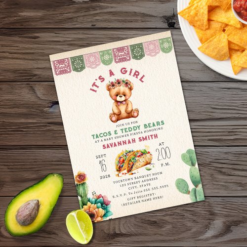 Tacos  Teddy Bears Girl Baby Shower Fiesta Invitation