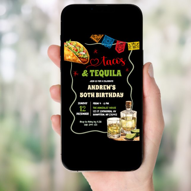 Tacos Tequila 50th Adult Spanish Birthday Fiesta Invitation (Front Digital)