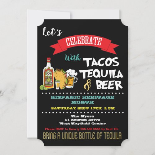 Tacos Tequila  Beer Hispanic Heritage Month Party Invitation