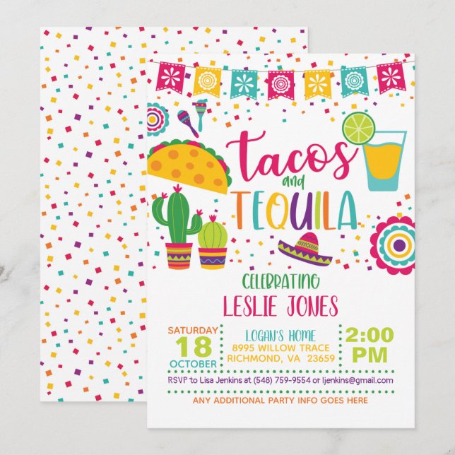 Tacos & Tequila Birthday Invitation - Wh (Front/Back)