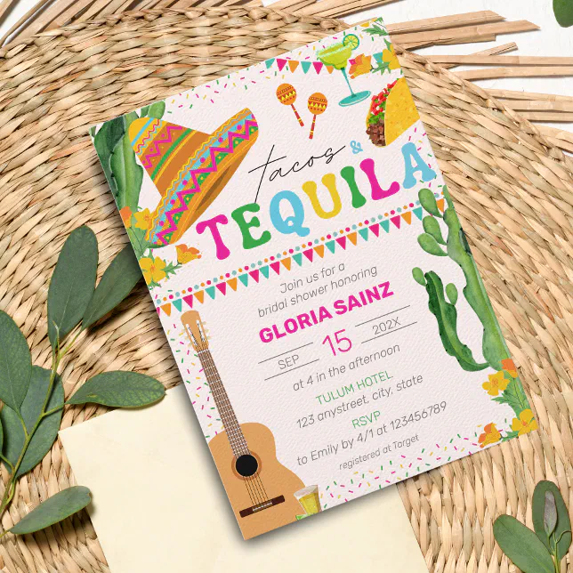 Tacos Tequila Fiesta Mexican Vibrant Bridal Shower Invitation Zazzle