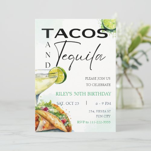 Tacos  Tequila Margarita Adult Birthday Party Invitation