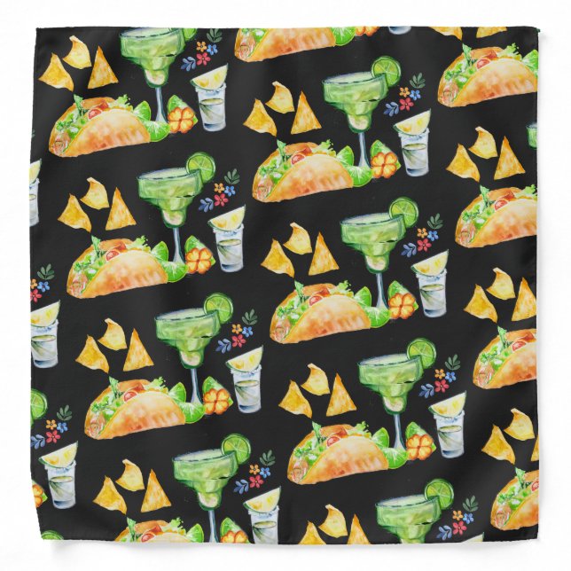 Tacos & Tequila Pattern on Black Bandana (Front)