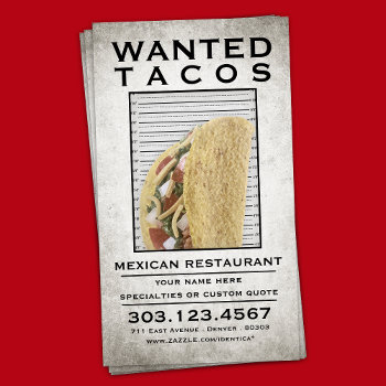 Tacos Wanted Poster Business Card by asyrum at Zazzle