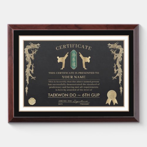 Taekwon Do Green Belt Award Plaque