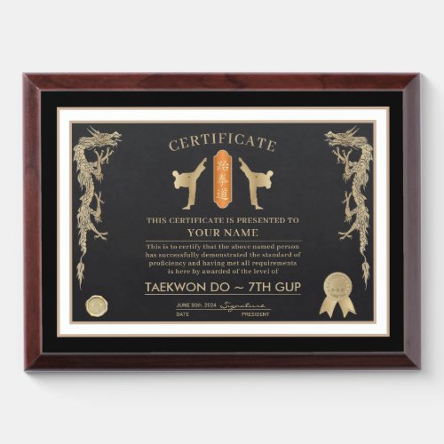 Taekwon Do Orange Belt Award Plaque