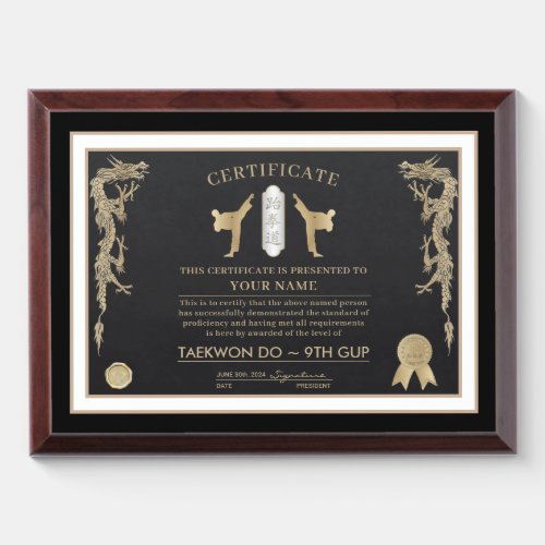 Taekwon Do White Belt Award Plaque