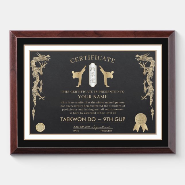 Taekwon Do White Belt Award Plaque (Horizontal)