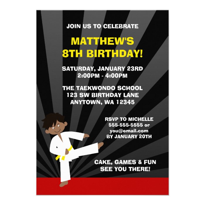 Taekwondo African American Yellow Belt Birthday Personalized Invite