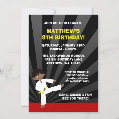Taekwondo African American Yellow Belt Birthday Personalized Invite