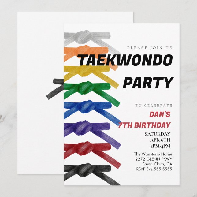 Taekwondo belt birthday party invitation (Front/Back)