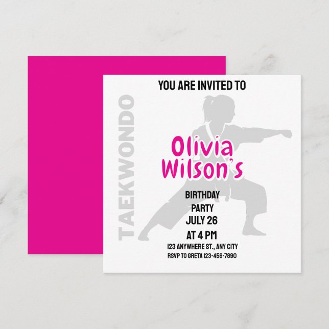 Taekwondo Birthday Party, Taekwondo Girl Player   Invitation (Front/Back)