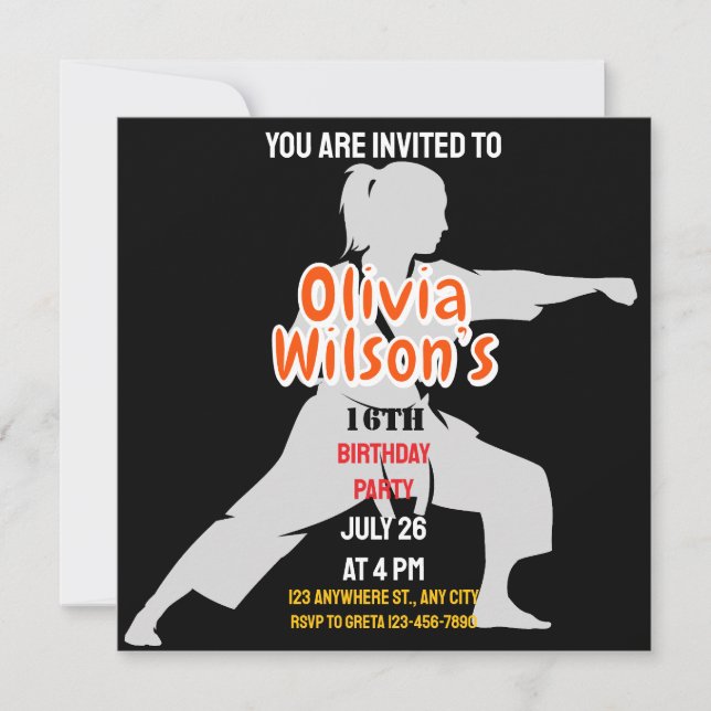Taekwondo Birthday Party, Taekwondo Girl Player   Invitation (Front)