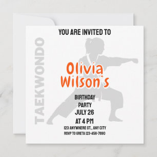Taekwondo Birthday Party, Taekwondo Girl Player Invitation