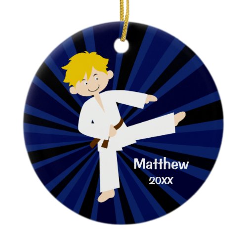 Taekwondo Brown Belt Blonde Boy Personalized Ceramic Ornament