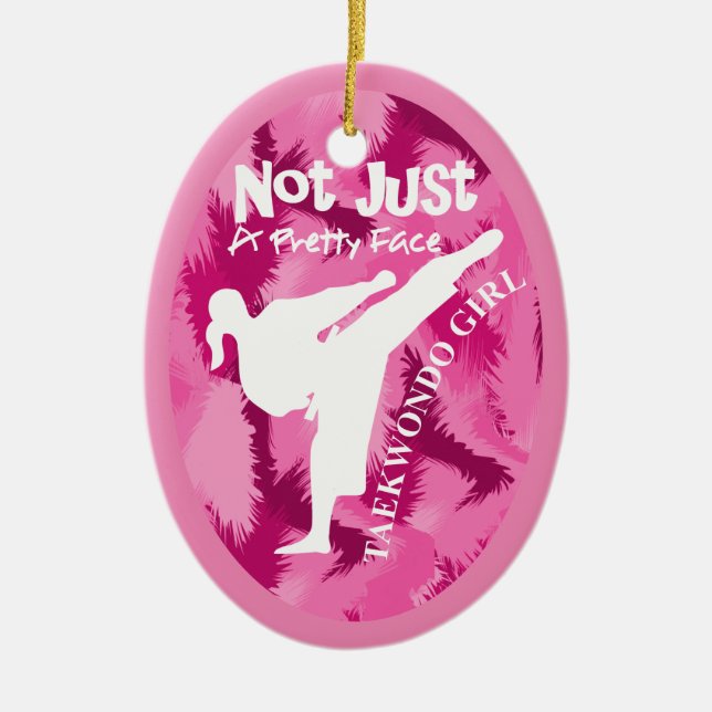 Taekwondo Cute Pink White Girly Quote Ceramic Ornament (Front)