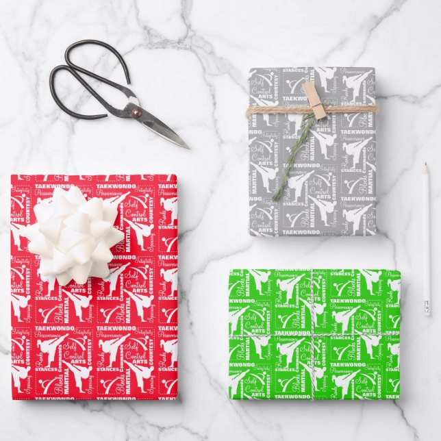 Taekwondo Cute Red Green Silver White Girly Wrapping Paper Sheets (Front)