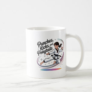Taekwondo Girl Black Belt Punches Kicks Ponytails Coffee Mug