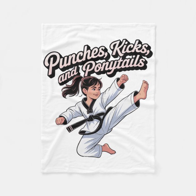 Taekwondo Girl Black Belt Punches Kicks Ponytails  Fleece Blanket (Front)