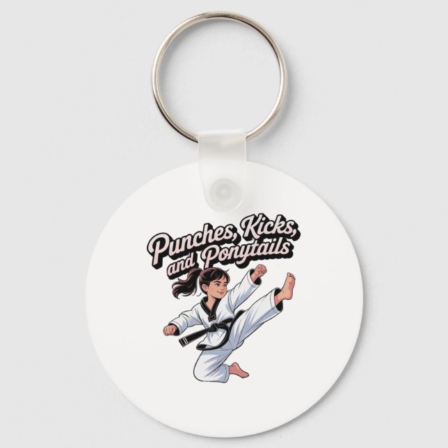 Taekwondo Girl Black Belt Punches Kicks Ponytails  Keychain (Front)