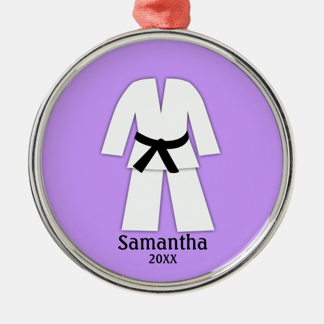 Taekwondo Karate Black Belt Purple Personalized Metal Ornament (Front)