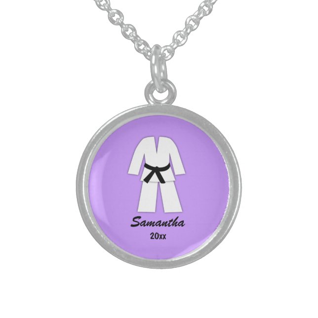 Taekwondo Karate Black Belt Purple Personalized Sterling Silver Necklace (Front)