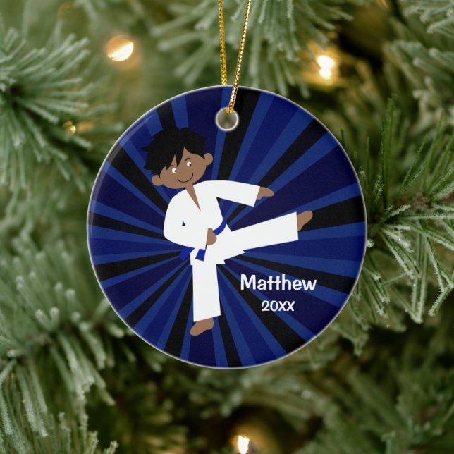 Taekwondo Karate Blue Belt Boy Personalized Ceramic Ornament (Tree)
