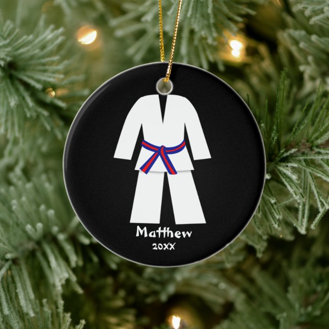 Taekwondo Karate Blue Red Belt Personalized Ceramic Ornament (Tree)