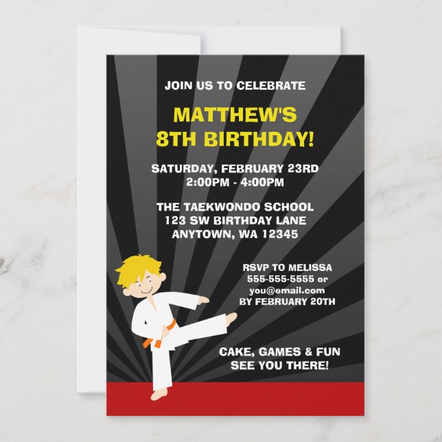 Taekwondo Karate Orange Belt Birthday Invitations (Front)