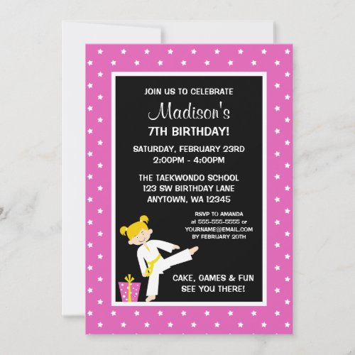 Taekwondo Karate Pink Stars Blonde Girl Birthday Personalized Announcement