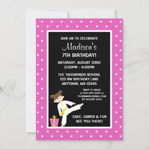 Taekwondo Karate Pink Stars Girl Birthday Announcements