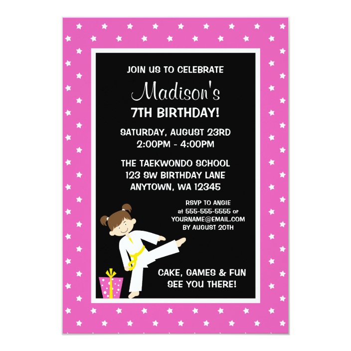 Taekwondo Karate Pink Stars Girl Birthday Invitation