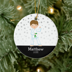 Taekwondo Karate Star Green Belt Boy Personalized Ceramic Ornament