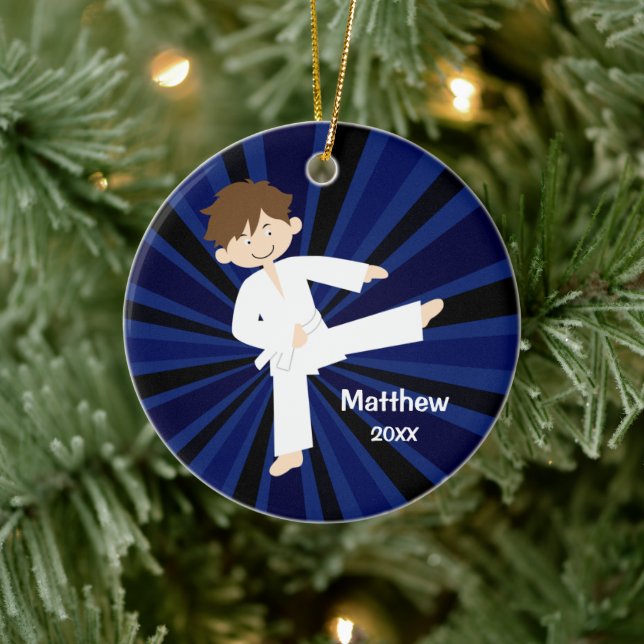 Taekwondo Karate White Belt Boy Personalized Ceramic Ornament (Tree)