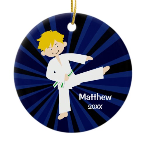 Taekwondo Karate White Green Belt Boy Personalized Ceramic Ornament