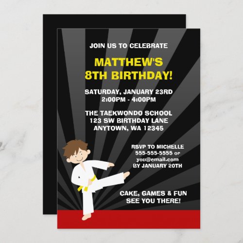 Taekwondo Karate Yellow Belt Birthday Invitations
