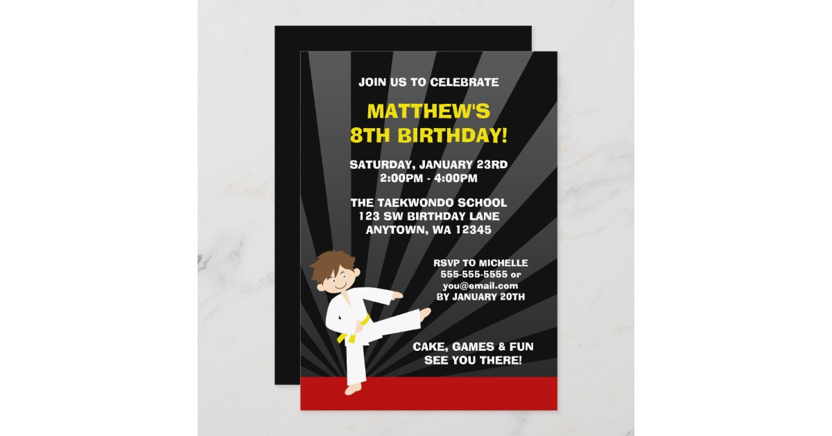 Taekwondo Karate Yellow Belt Birthday Invitations | Zazzle