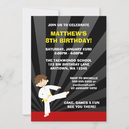 Taekwondo Karate Yellow Belt Birthday Invitations