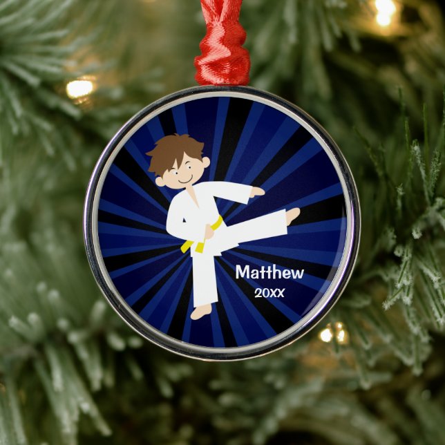 Taekwondo Karate Yellow Belt Boy Personalized Metal Ornament (Tree)