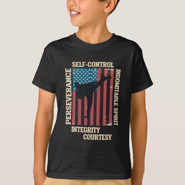 Taekwondo Martial Arts American Flag Self Defense T-Shirt (Front)