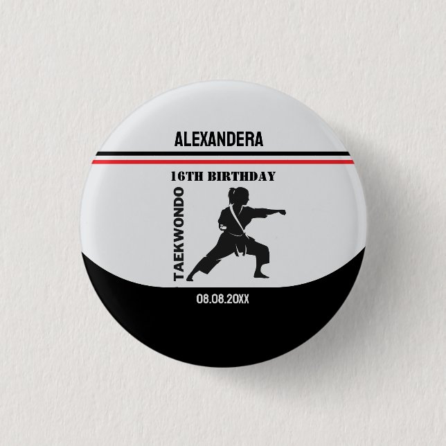 Taekwondo Player, Birthday Gift, Team Karate  Button (Front)
