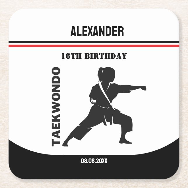 Taekwondo Player, Birthday Gift, Team Karate  Square Paper Coaster (Front)