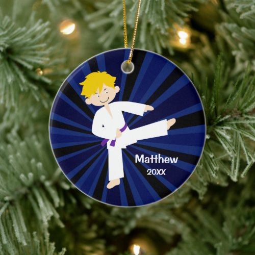 Taekwondo Purple Belt Blond Boy Personalized Ceramic Ornament