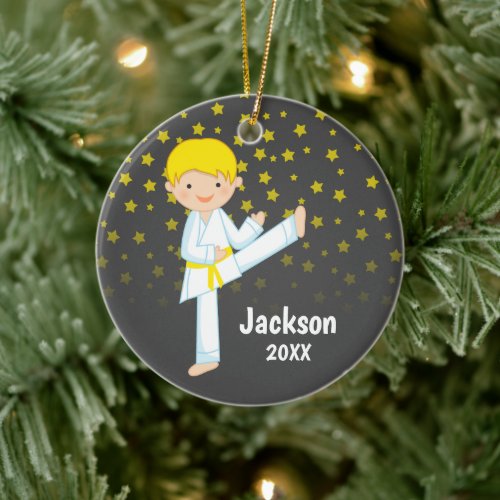 Taekwondo Yellow Belt Blonde Boy Personalized Ceramic Ornament