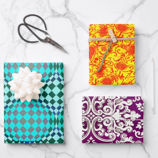 Taffi Op Art, Pearly Orange, and  Woodbury Sampler Wrapping Paper Sheets (Front)