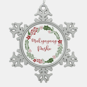 Tagalog Merry Christmas Wreath, Maligayang Pasko Snowflake Pewter Christmas Ornament