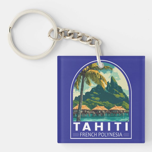 Tahiti French Polynesia Travel Art Emblem Keychain (Front)