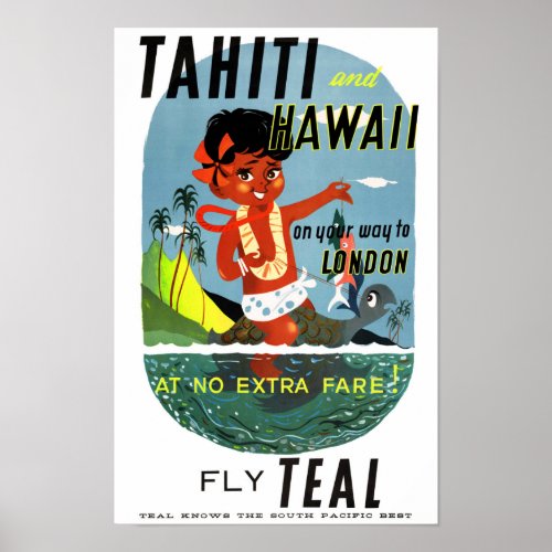 Tahiti Hawaii Vintage Travel Poster Restored