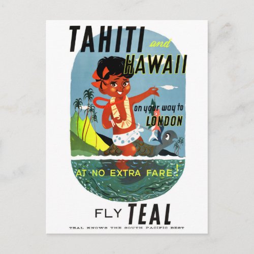 Tahiti Hawaii Vintage Travel Poster Restored Postcard