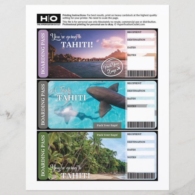 Tahiti Mock Ticket for Travel and Events (Front)